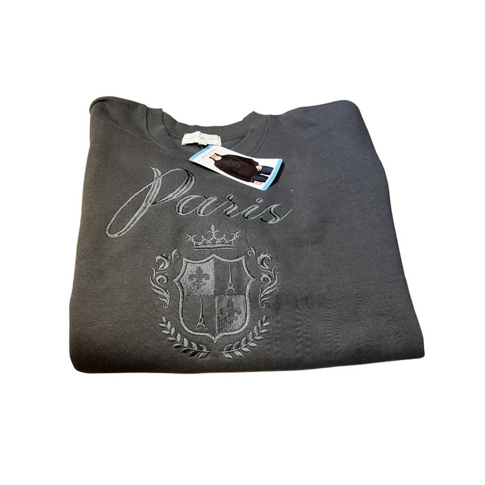 Paris Embroidered Grey Cotton Blend Sweatshirt Crewneck Unisex XL